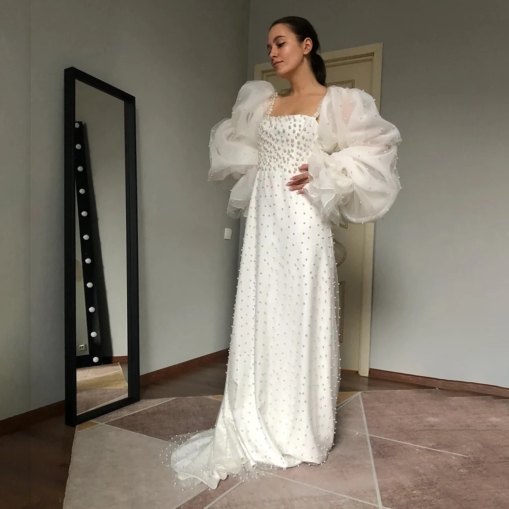 Long Bubble Sleeves Pearls Square Neck Wedding Dress Customized Plus Size A Line Low Cut Organza Backless Elegant Bridal Gowns