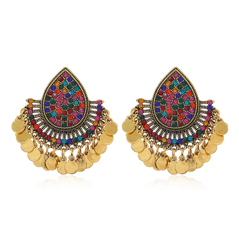 Vintage Indian Feng Shui Droplets Full of Diamonds, Colorful Tassel Round Plate Ball Earrings