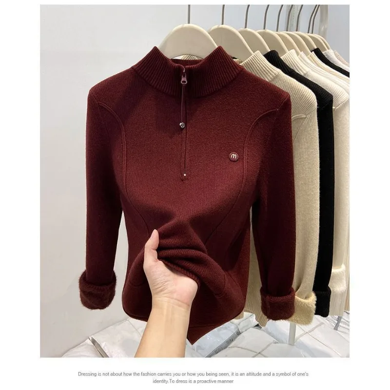

One-piece Velvet Thickened Sweater for Women Autumn and Winter Half Open Collar Zipper Knitted Bottoming Shirt Slim Fit Top