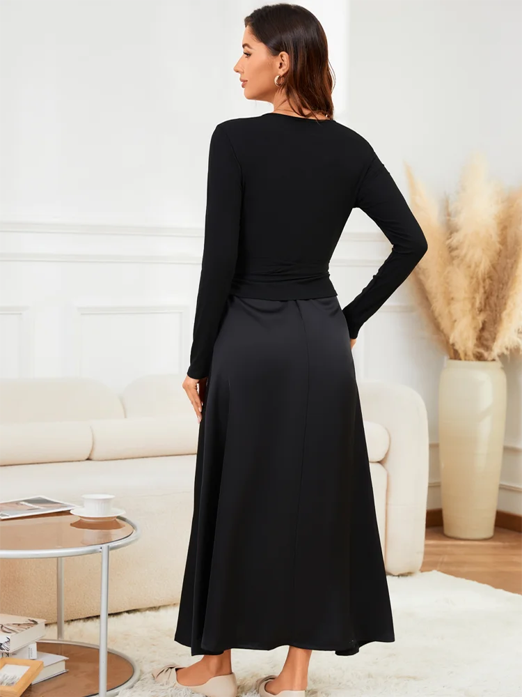 2025 Spring Summer Women Cotton V-Neck Knitted Top with Belt + Silk Solid Color Strap Long Skirt Casual Commute Wear