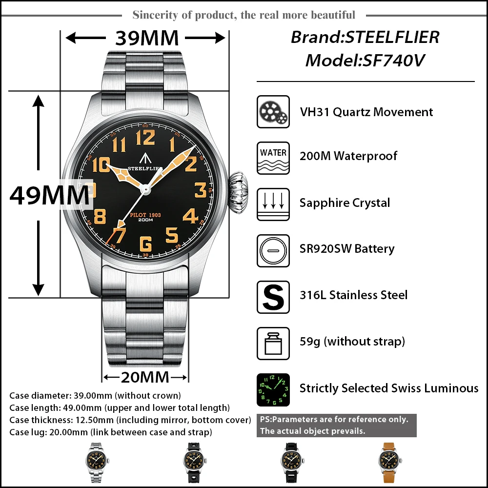 STEELFLIER Offizielle SF740V New Quartz Pilot Series Swiss C3 Luminous 200M Waterproof VH31 Movement Herrenmode Business Watch – Detail 2