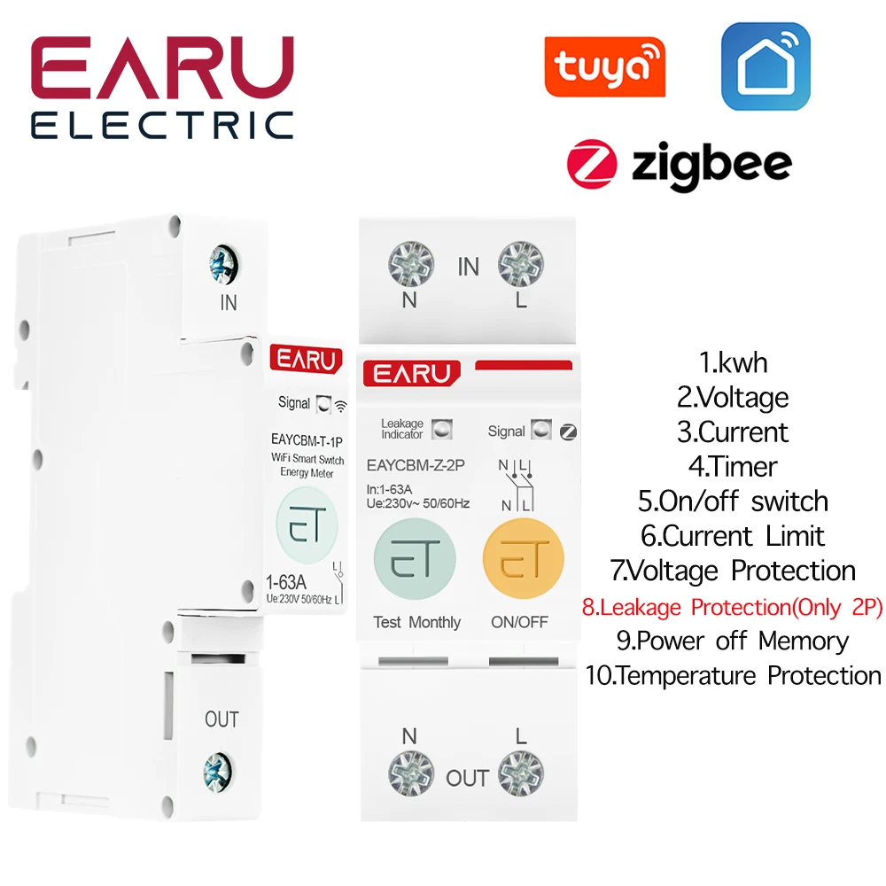 1P 2P TUYA APP Zigbee WIFI Smart Energy Power Consumption kWh Meter Circuit Breaker Time Relay Switch Leakage Voltage Protection