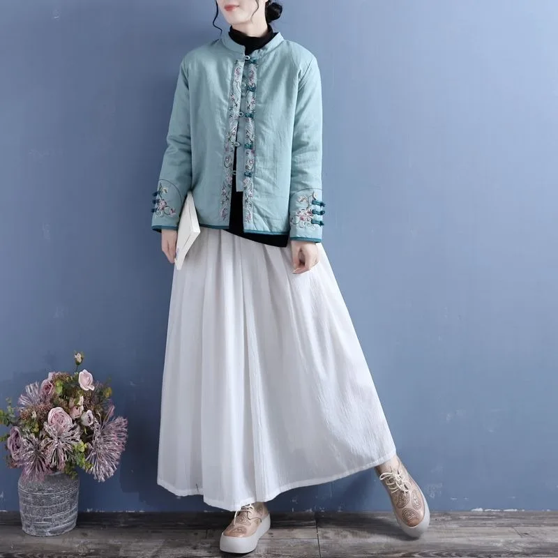 Women Vintage Cotton Embroidery Cotton Jacket Thick Coat Harajuku Plate Buckle Standing Collar Lapel Cotton Coat Single Breasted
