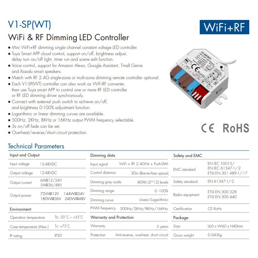 Skydance Mini WiFi+RF Dimming Single Channel LED Controller V1-SP(WT) (Tuya App) 1CH*6A 12-48VDC
