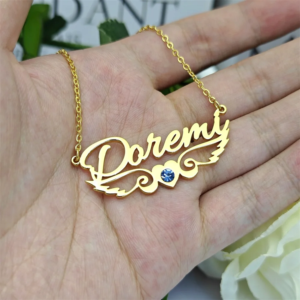 2023 Personalize Angel Wing Birthstone Name Necklace Custom Colorful Zircon Necklace Stainless Steel Women Jewelry Gifts