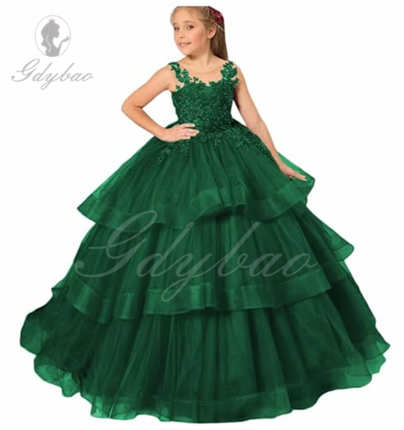 Yellow Flowers Girl Dresses Tulle Puffy Appliques Layered Sleeveless Tail for Wedding Birthday Banquet Princess Dresses