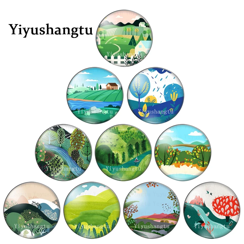 Green watercolor countryside Mountain tree painting 18mm/20mm/25mm Round photo glass cabochon demo flat back Making findings