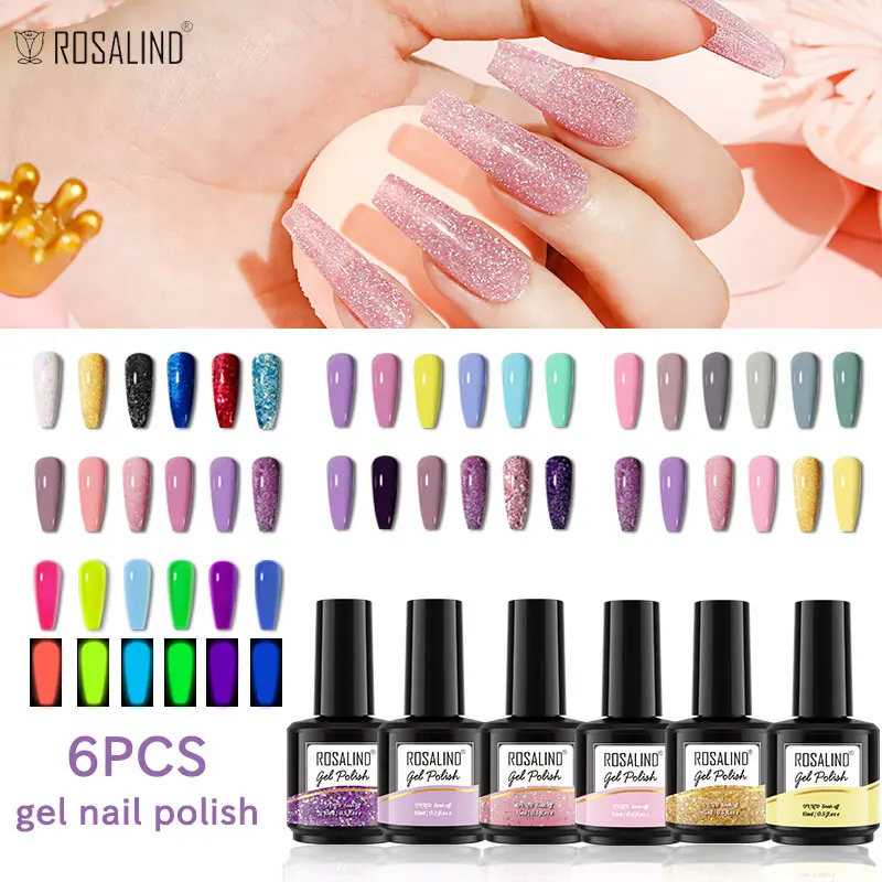 

ROSALIND 6pcs Gel Nail Polish Set 15ML Luminous Effect Polish UV Gel Soak Off Gel Varnish For Nail Art Design Boxless Combo