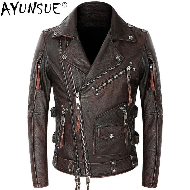 

2021 Fahsion Leather Jacket Men Slim Streetwear Motorcycle Coat Cowhide Coat Men Clothing Bomber Jacket Chaquetas Hombre WPY3749