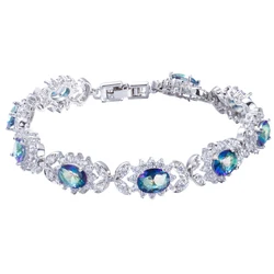 BeaQueen Shiny Mystical Rainbow Cubic Zirconia Crystal Flower Silver Plated Bracelet for Women Fashion Jewelry Accessories B012