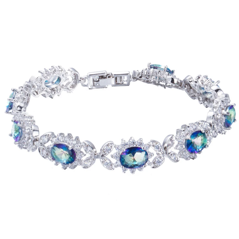 BeaQueen Shiny Mystical Rainbow Cubic Zirconia Crystal Flower Silver Plated Bracelet for Women Fashion Jewelry Accessories B012