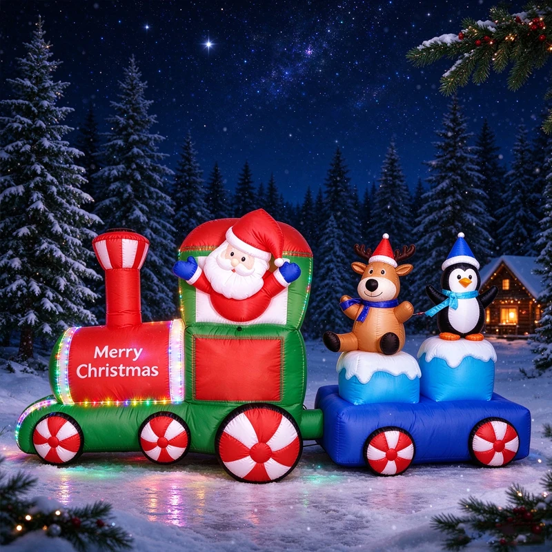 Christmas Inflatable Train Set with Santa, Reindeer and Penguin,Waterproof Blow Up Decoration for Outdoor Lawn Garden Xmas Decor