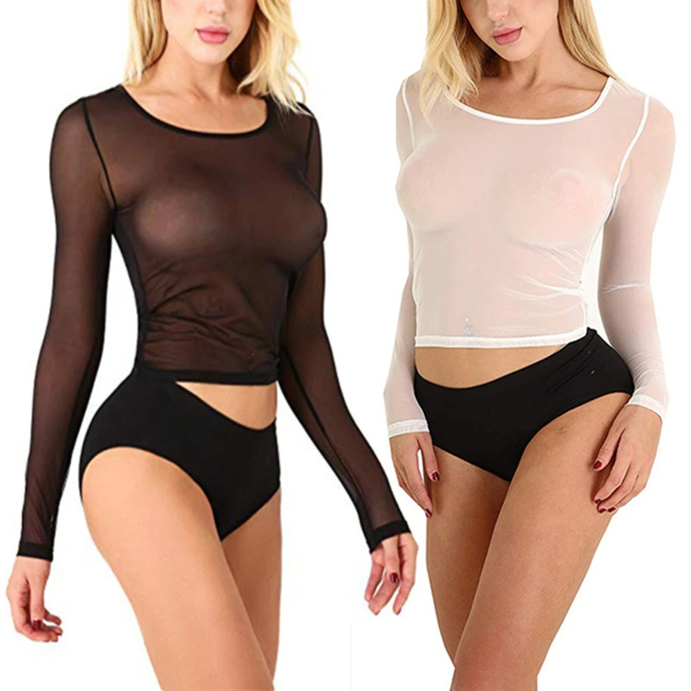 Sexy Women T Shirt See Through Mesh Black Long Sleeve Bodysuit Sheer Slim Turtleneck Tulle Crop Top T-Shirt Transparent Clubwear