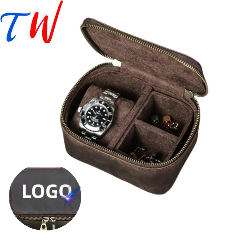 Travel Luxury Watch Cases Suit Cufflinks Storage Double Zippers COW LEATHER Free Customization Logo or Name Watch Box Organizer