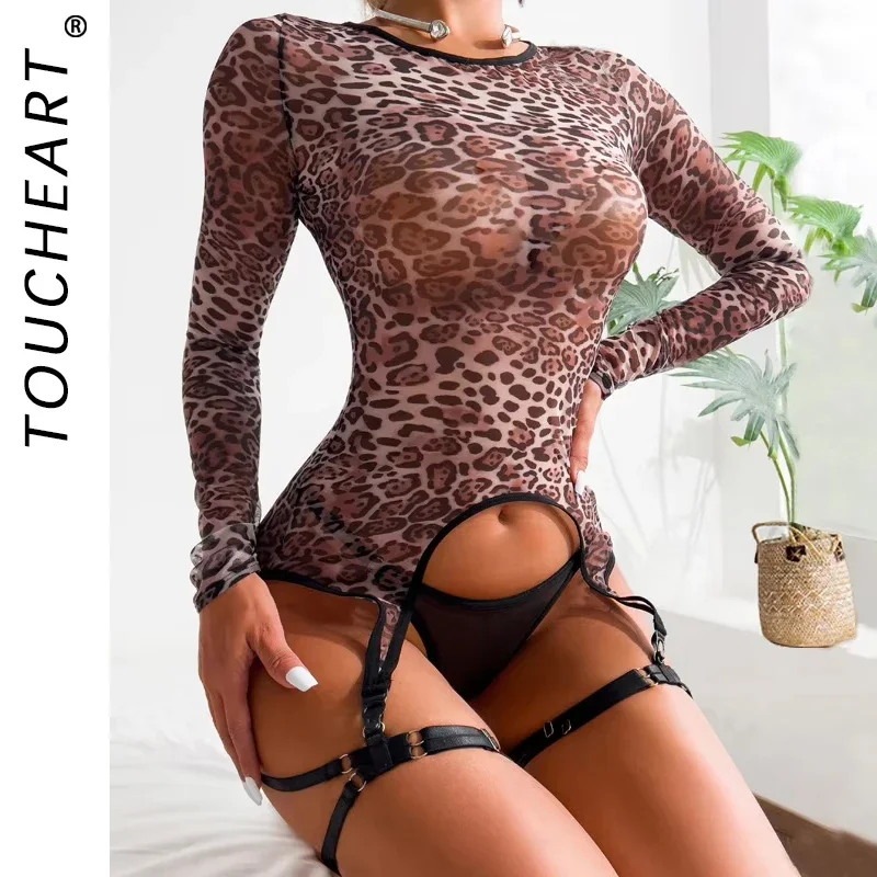 

Toucheart сетчатое нижнее белье с леопардовым принтом для женщин, сексуальный прозрачный топ с длинными рукавами, экзотический однотонный сексуальный комплект нижнего белья с подвязками