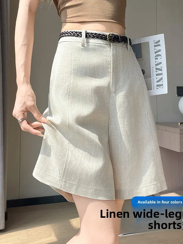 High Waist Wide Leg A-Line Shorts Linen Lyocell Casual Pants Women Summer 2026 Slimming Effect Casual Loose Fit Straight Leg
