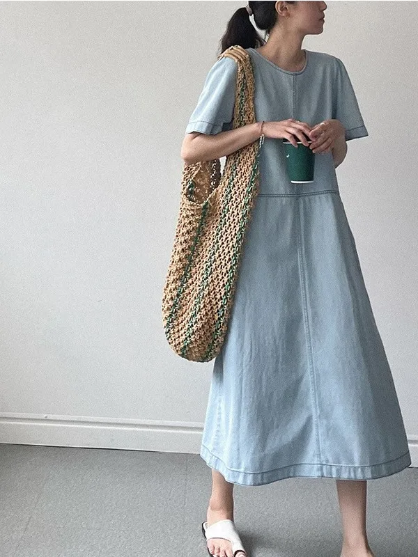 

Retro round Ne Embroidery Design Loose Casual ort Sve Denim Dr Women Summer Comfortable Breathable Color Commute