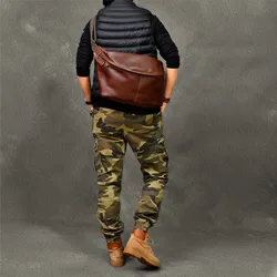 Bolso de pecho de cuero genuino de gran capacidad para hombres, bolsos de mensajero de hombro grandes, moda vintage, casual, real, deportes diarios