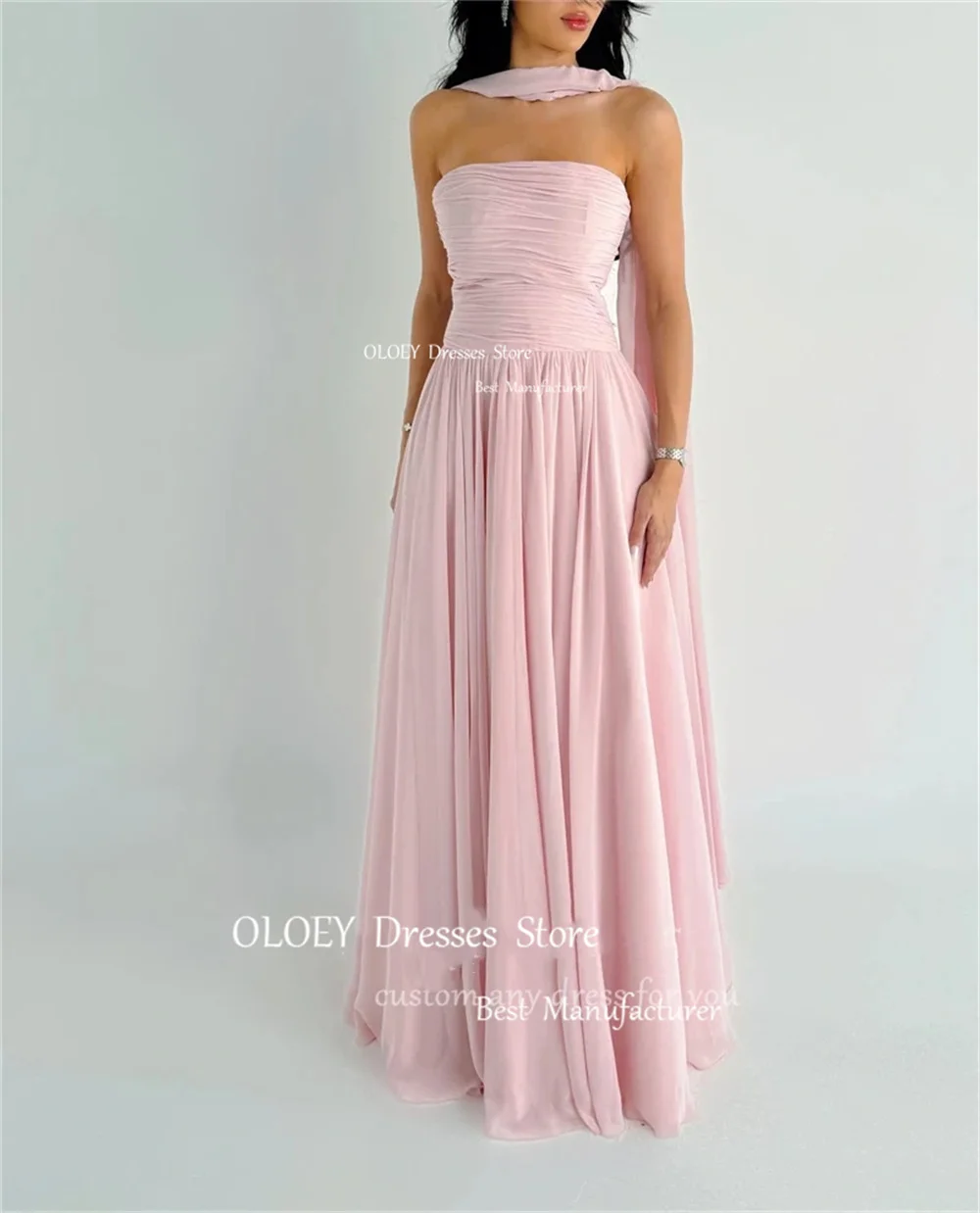 OLOEY Elegant Light Pink Strapless Evening Dress With Long Scarf Sleeveless Floor Length Wedding Party Dress Formal Gown Custom