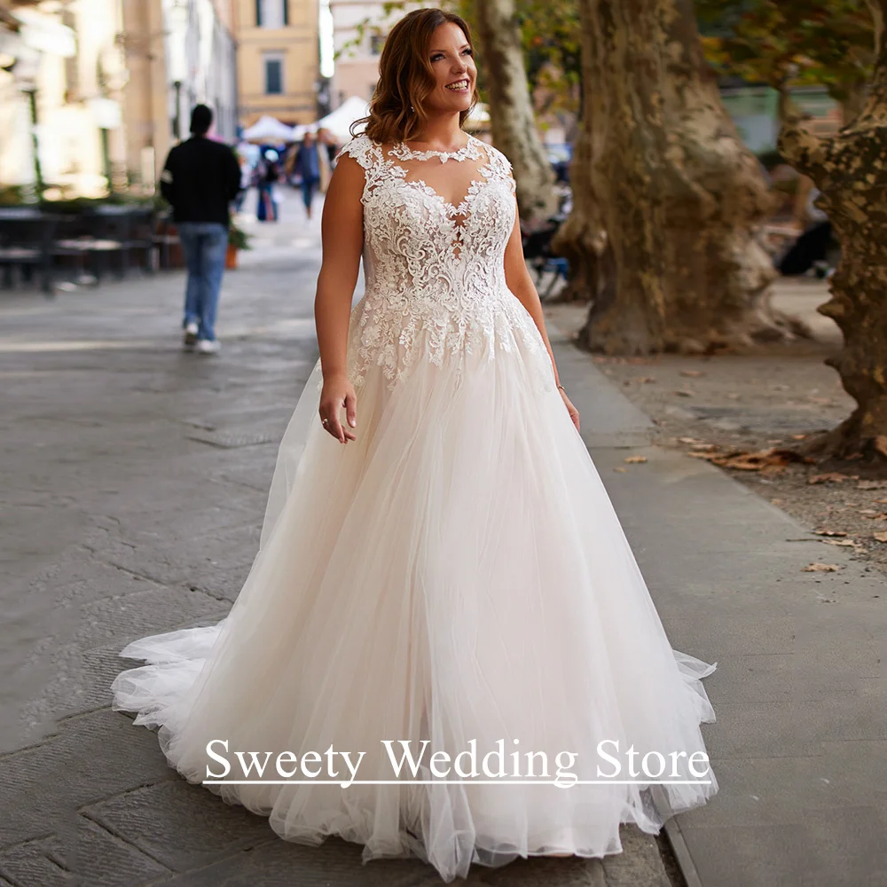 

Classic Wedding Dress Customized Cap Sleeve Scoop Neck Lace Applique Sweep Train Backless Corset Bridal Gown Vestido Noiva