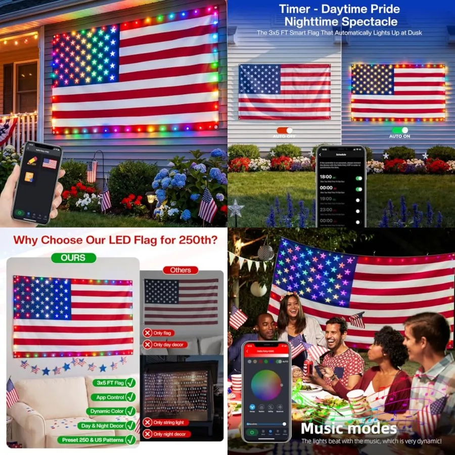 Smart Lighted American Flag 3x5 FT, App Control Flag 4th of July Decorations Lights DIY Color, Music Sync LED Light Up Patrioti