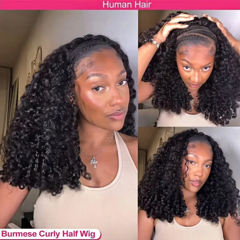30 40 Inch Burmese Curly Hair Half Wigs Wear and Go With Drawstring Flip Over Glueless Deep Wave Human Hair Wigs Curly Half Wig image 3
