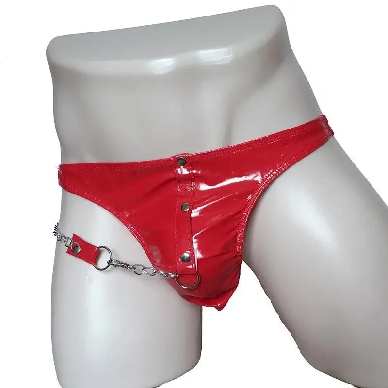 Men Erotic T Back Thong Gays Wet Look Shiny PVC Leather Chained G-string Clubwear Fetish Pants Homme Porn Open Buttock Underwear