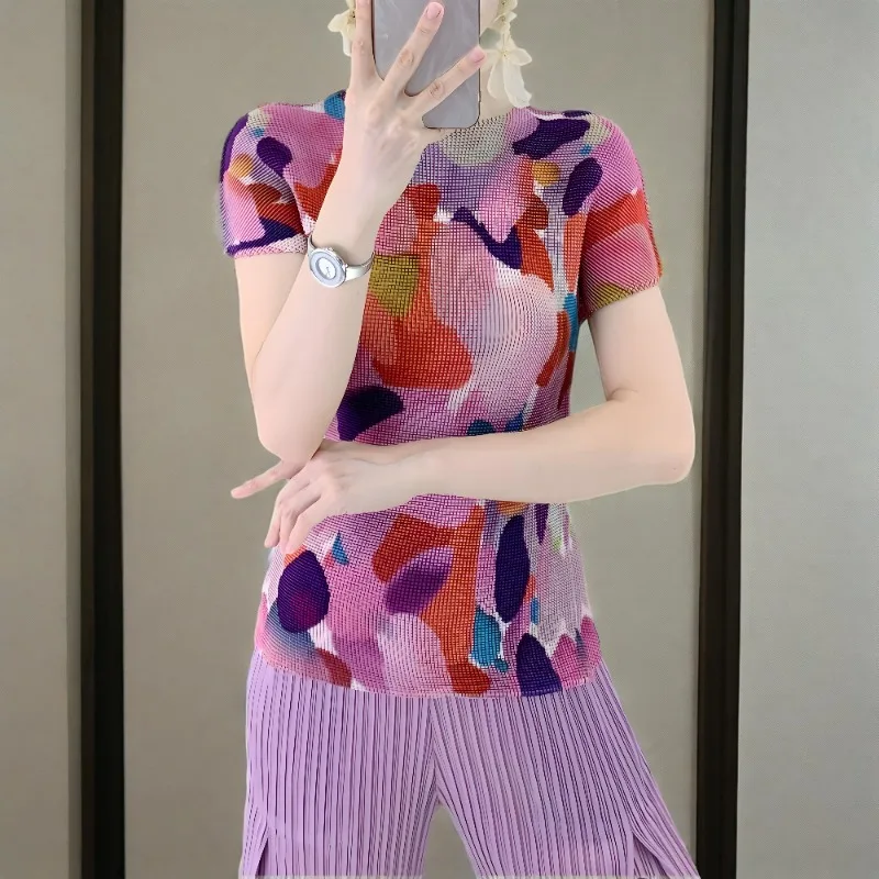 

Плиссированная футболка Miyake, лето 2029, тонкая футболка, женские универсальные топы с короткими рукавами и принтом, повседневная женская одежда Miyake Wind