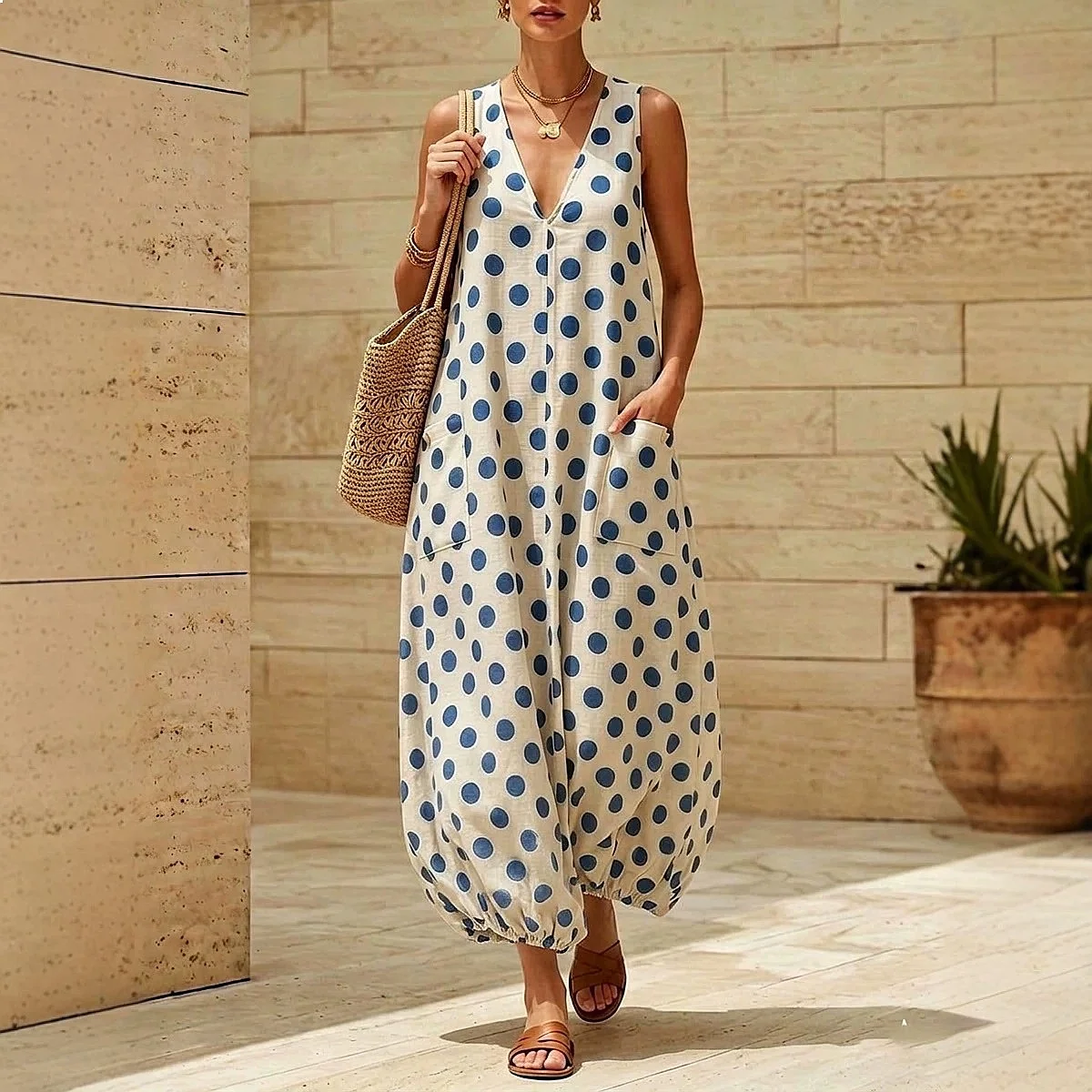 Polka Dot V-Neck Dress,Sleeveless Loose Dresses,Pocket,Bubble Hem Spring Summer
