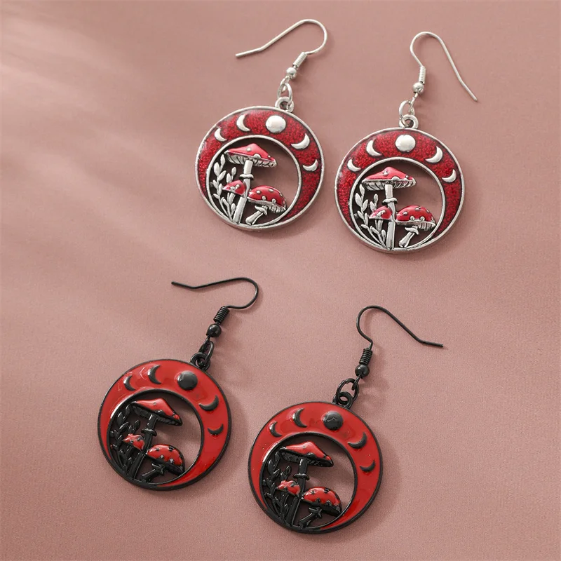 Pendientes colgantes circulares de seta roja negra Vintage para mujer, accesorios de joyería de fiesta Gottppen