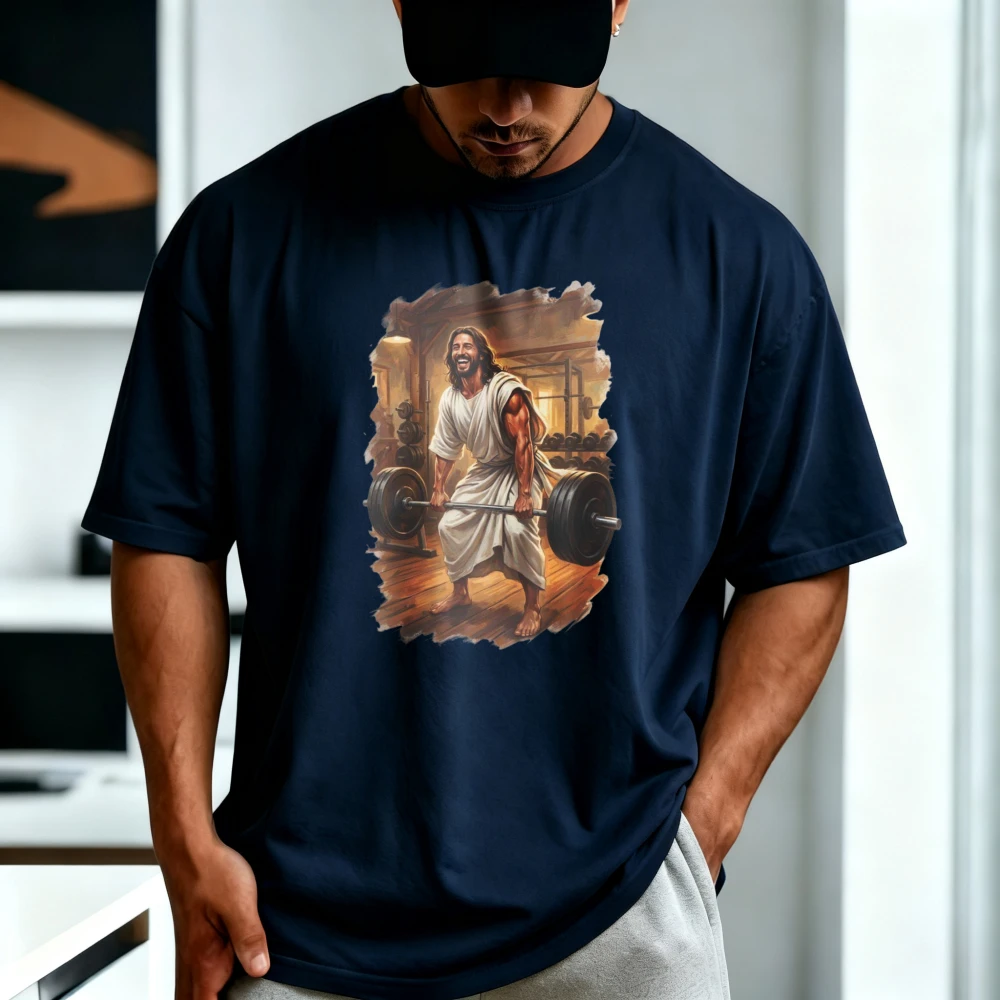 Funny Jesus Lifting Weights Graphic Printed GYM TShirt Christian Faith Religion T-shirt Summer Cotton Casual Man Women Tees