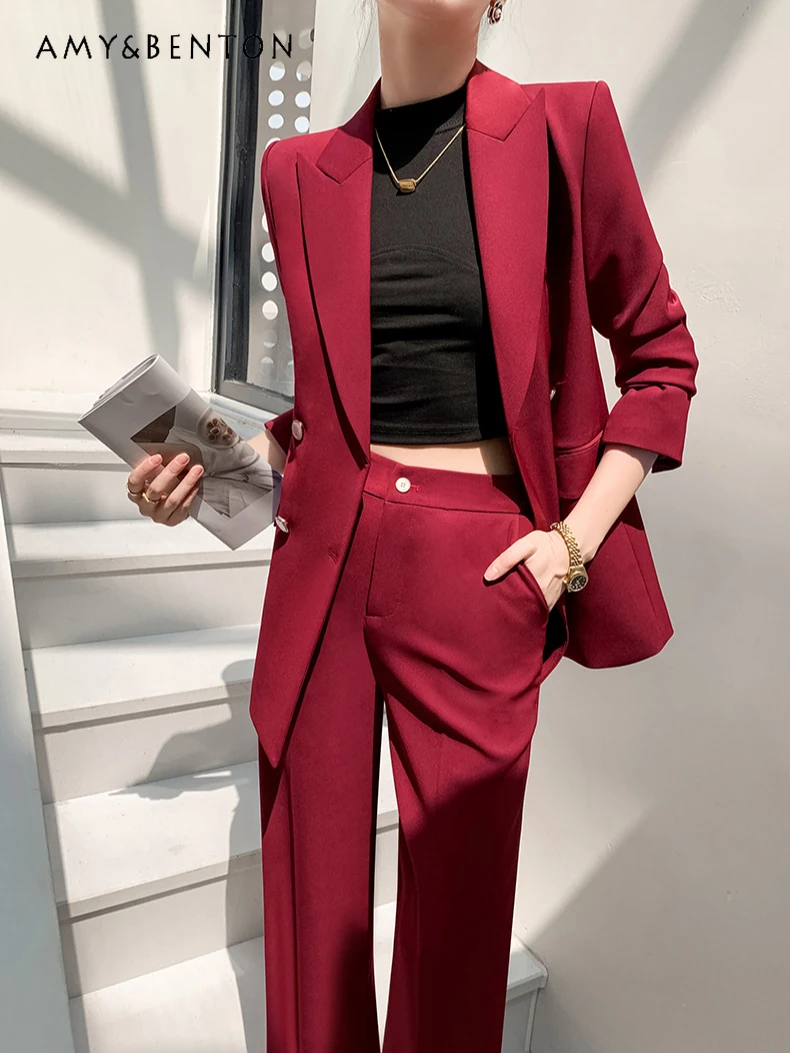 Red Blazer Wide-leg Pants Professional Two-piece Set Women 2024 New Spring Autumn High-end Office Lady Casual Versatile Outfits