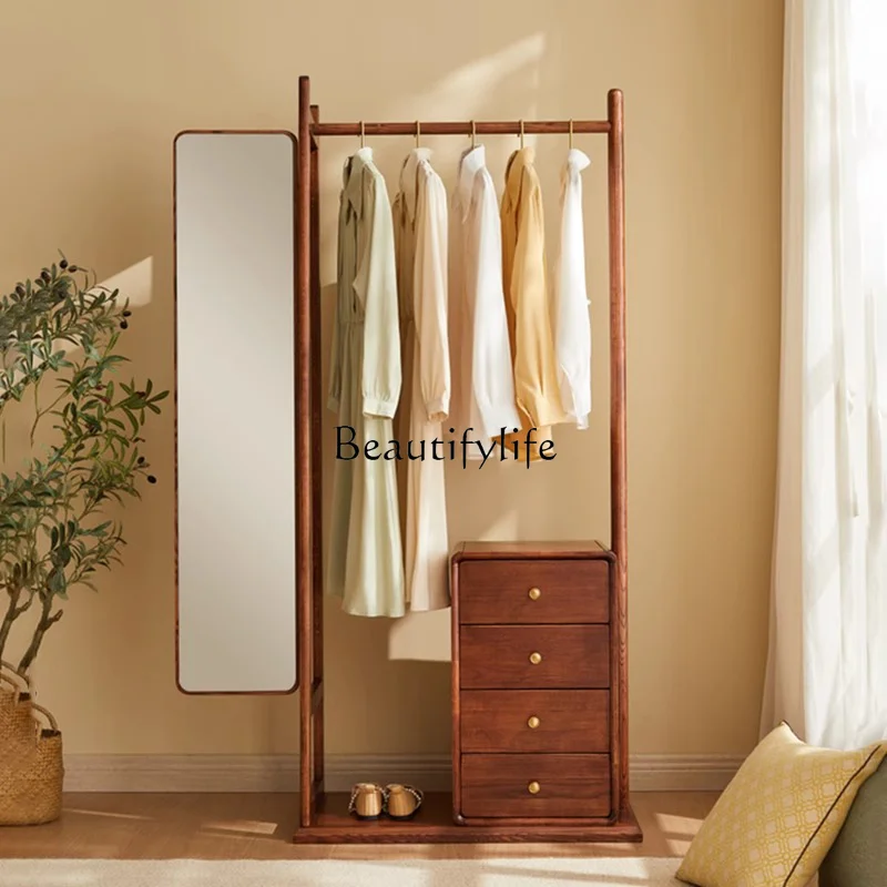 Solid Wood Coat and Hat Rack Floor Bedroom Mirror Vertical Clothes Rack