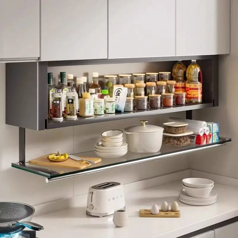 Wall-Mounted Kitchen Spice Storage Cabinet Carbon Steel Tempered Glass Pull-Down Door Or Cm Options Condiments Snacks Dishes