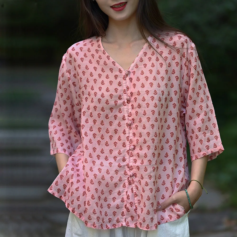 

High-Quality Chinese-Style Retro Ramie Printed Frog Button Shirt For Women Half-Sleeved Ethnic-Style Casual Short Top For Summer