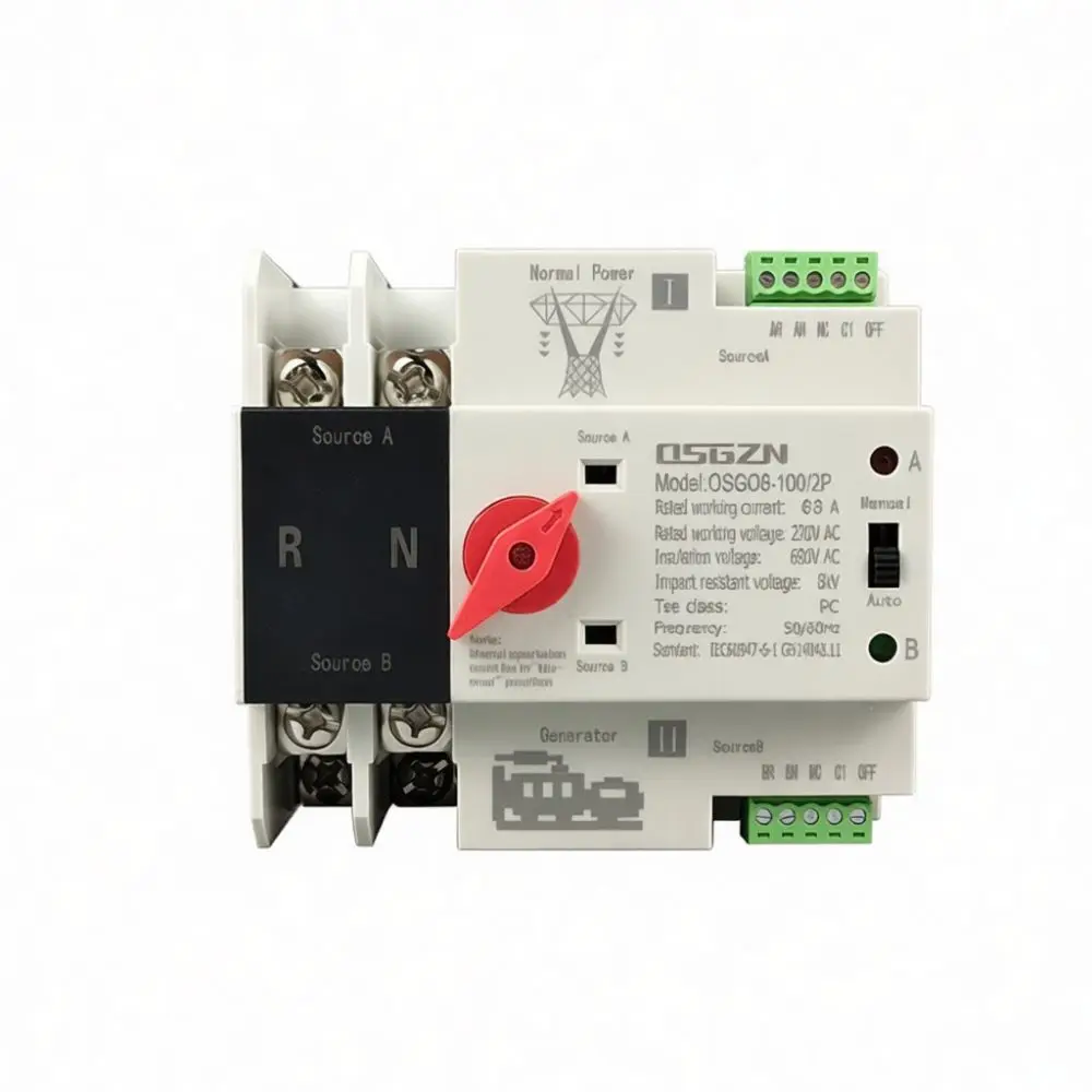 Dual Power Automatic Transfer Switch 2P 100A Changeover Breaker For For Osgq8 Household Generator Emergency Electrical Backup