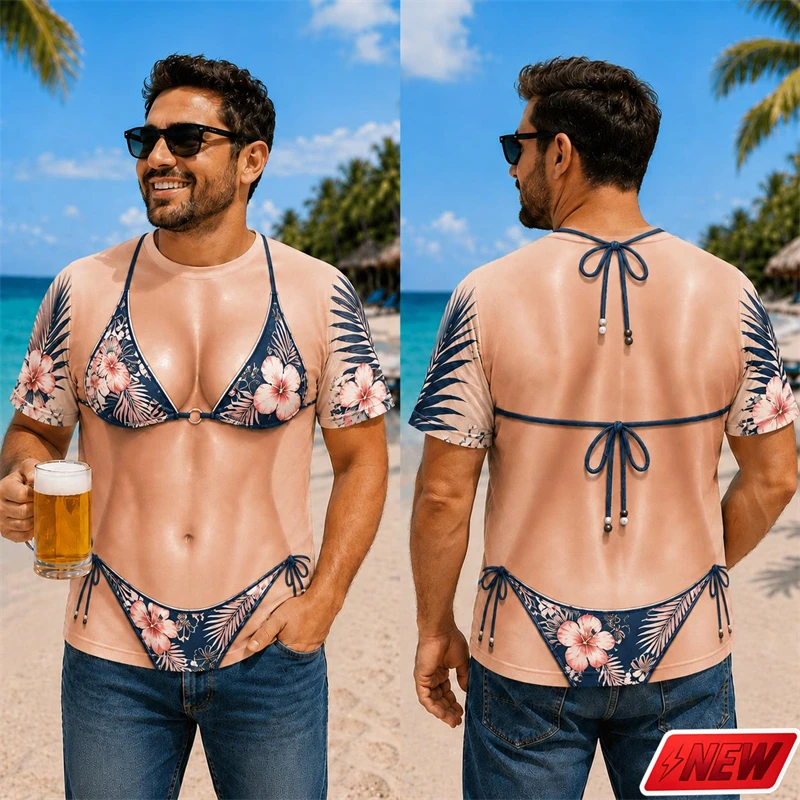 Men Novelty Funny Fake Body Bikini T Shirt Realistic Skin Tropical Floral 3D Print Short Sleeve Holiday Costume Party Top Unisex