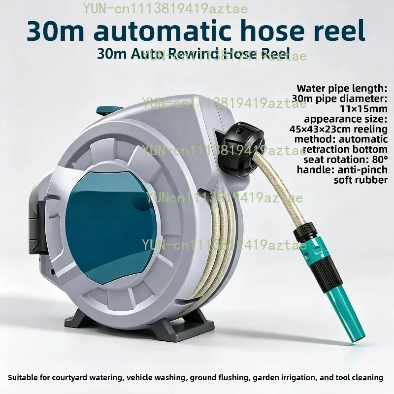 30M Automatic Retractable Hose Storage Reel 11x15mm Pipe With Dual‑Purpose Spray Nozzle For Garden Use