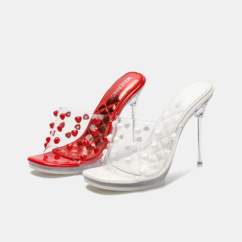

PVC Transparent Slippers Ladies Women Square Toe Rivet Crystal Slippers Lron Stiletto 11CM Chic Perspex Hihg Heels Party Silver