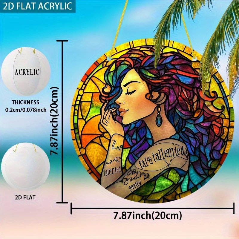 Acrylic Painting Empowering Woman with Rainbow Hair & Positive Affirmation Tattoos Stained Glass Window Hanging Suncatcher, 2D F