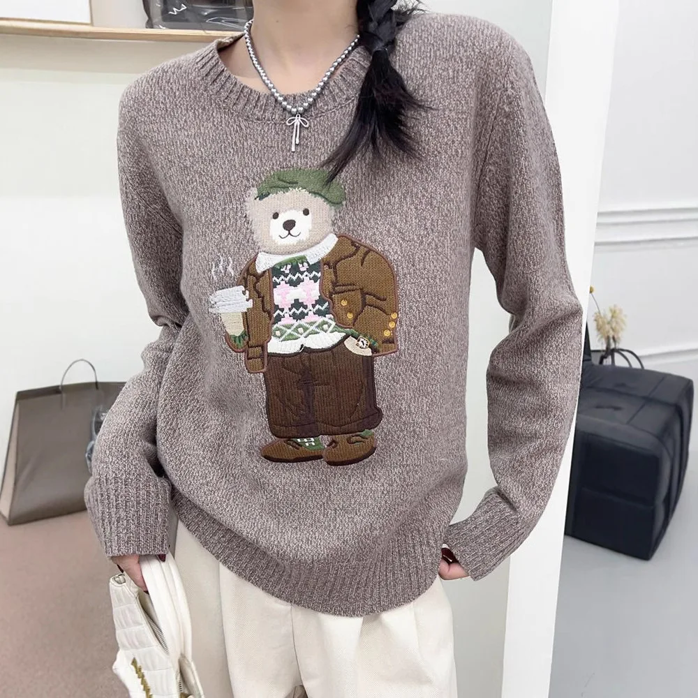 Autumn/Winter New Women's Casual Loose Cartoon Embroidered Round Neck Knitted Sweater