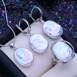 FENASY Natural Freshwater 12-16mm Big Baroque Pearl Jewelry Sets Silver Color Fashion Party Pendant Necklaces Drop Earrings Ring