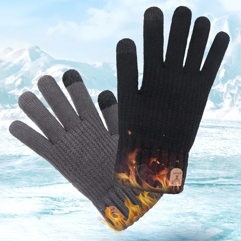 1 Pair Men Women Thickening Wool Knitted Gloves Men's Warm Full Finger Gloves Winter Touchscreen Plus Fleece Gloves