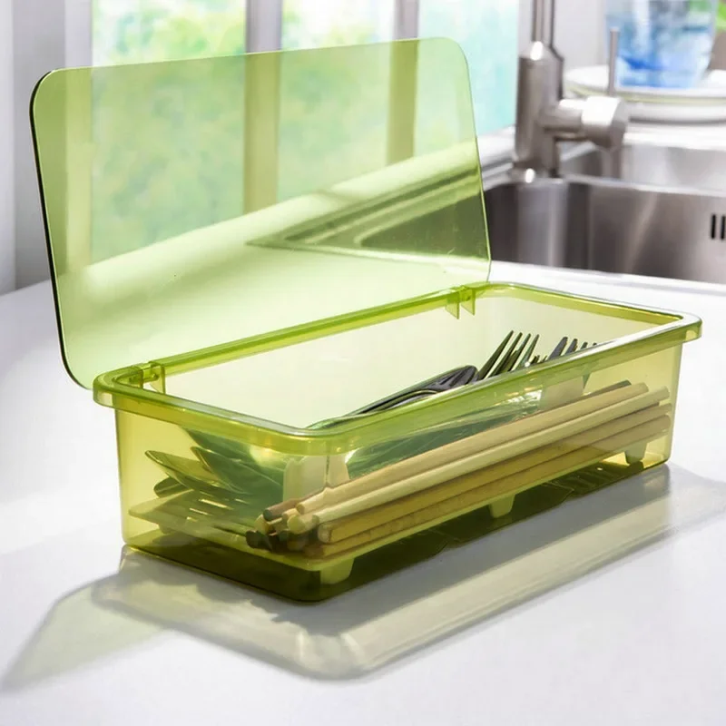 Kitchen Knife Fork Flatware Drain Tray Storage Drawers Kitchen Organizer Box with Lid and Drainer Cutlery Dinnerware Holder