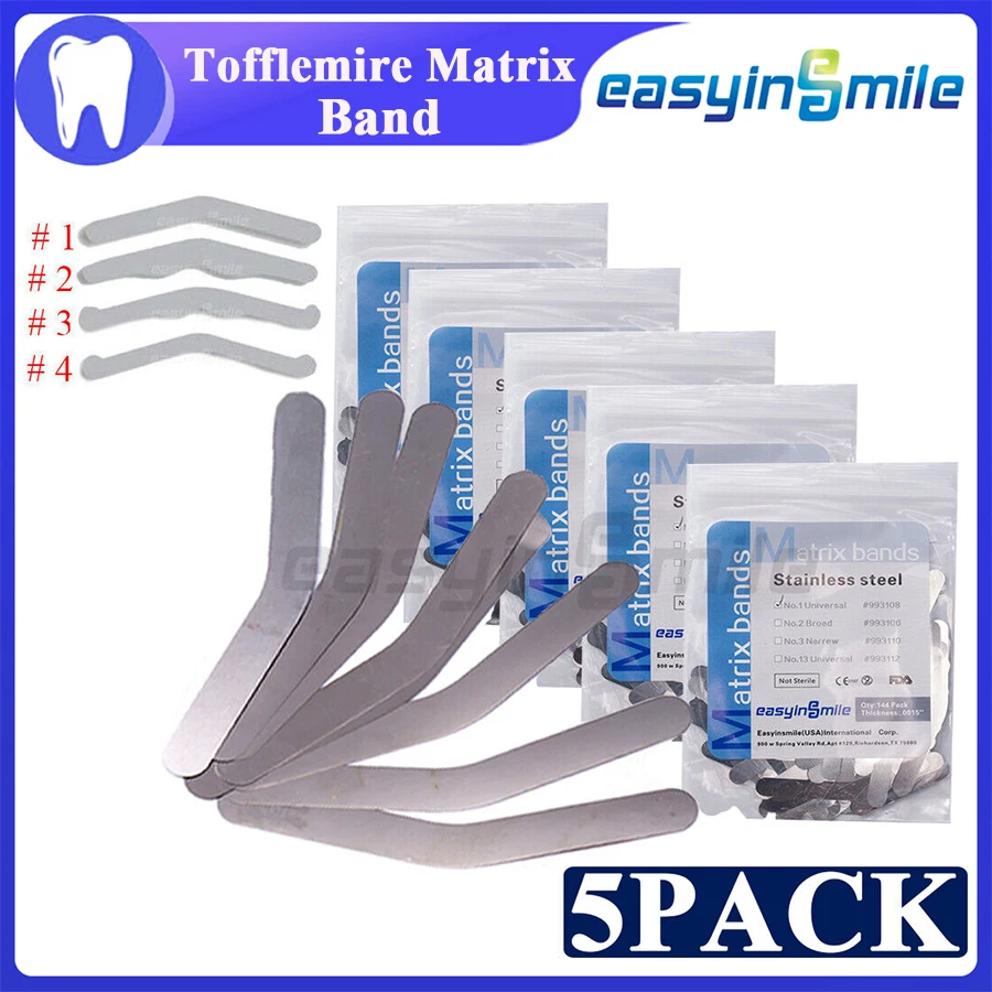 144pcs/Bag EASYINSMILE Dental Tofflemire Matrix Band 0.04mm Autoclavable Stainless Steel Universal Borad Type Flexible 5Bags