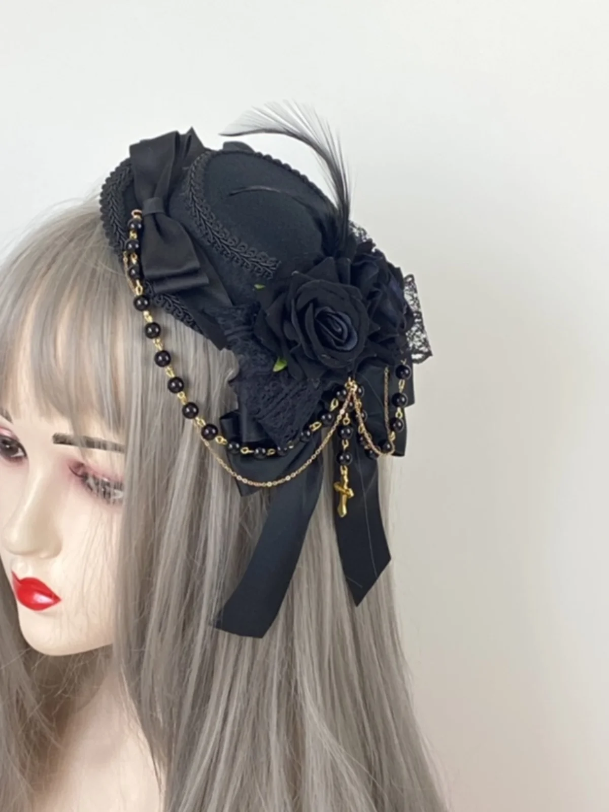 

LOLITA top hat Gothic dark wine red rose retro hair accessory lace edge clipped headpiece flat hat