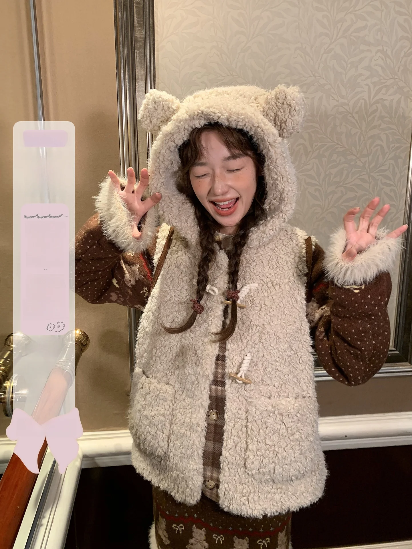 

Cute Bear Plu Lamb Fur Vest ort Women's Jaet Hooded Commute Sle Polyester Fabric Regular Sve Length Zipper Closure