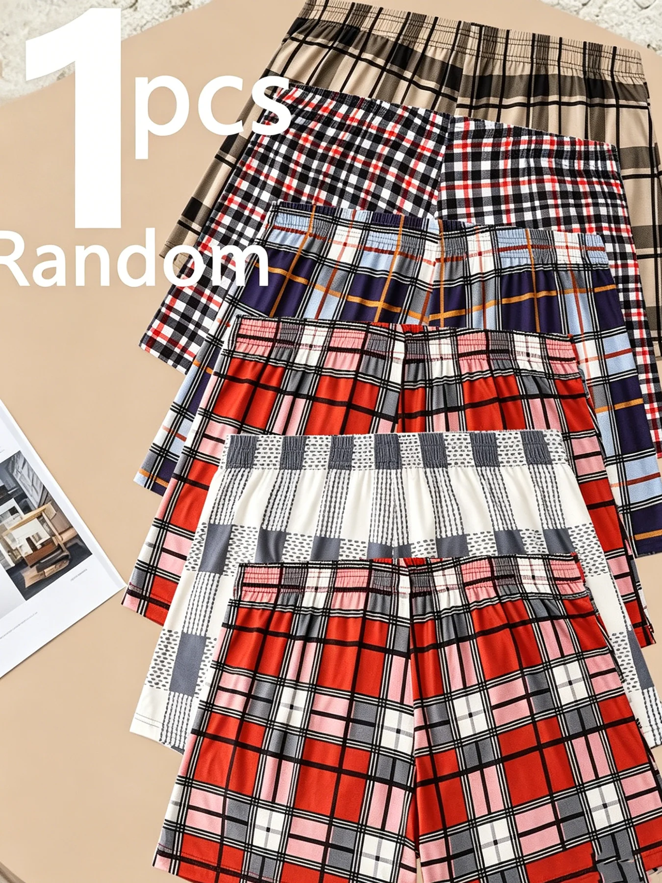 Random 1 Pieces Men's Plaid Boxer Shorts Casual Aro-Pant Breathable Loose Fit Lounge Underwear Sleep Shorts High-Waist Boxer