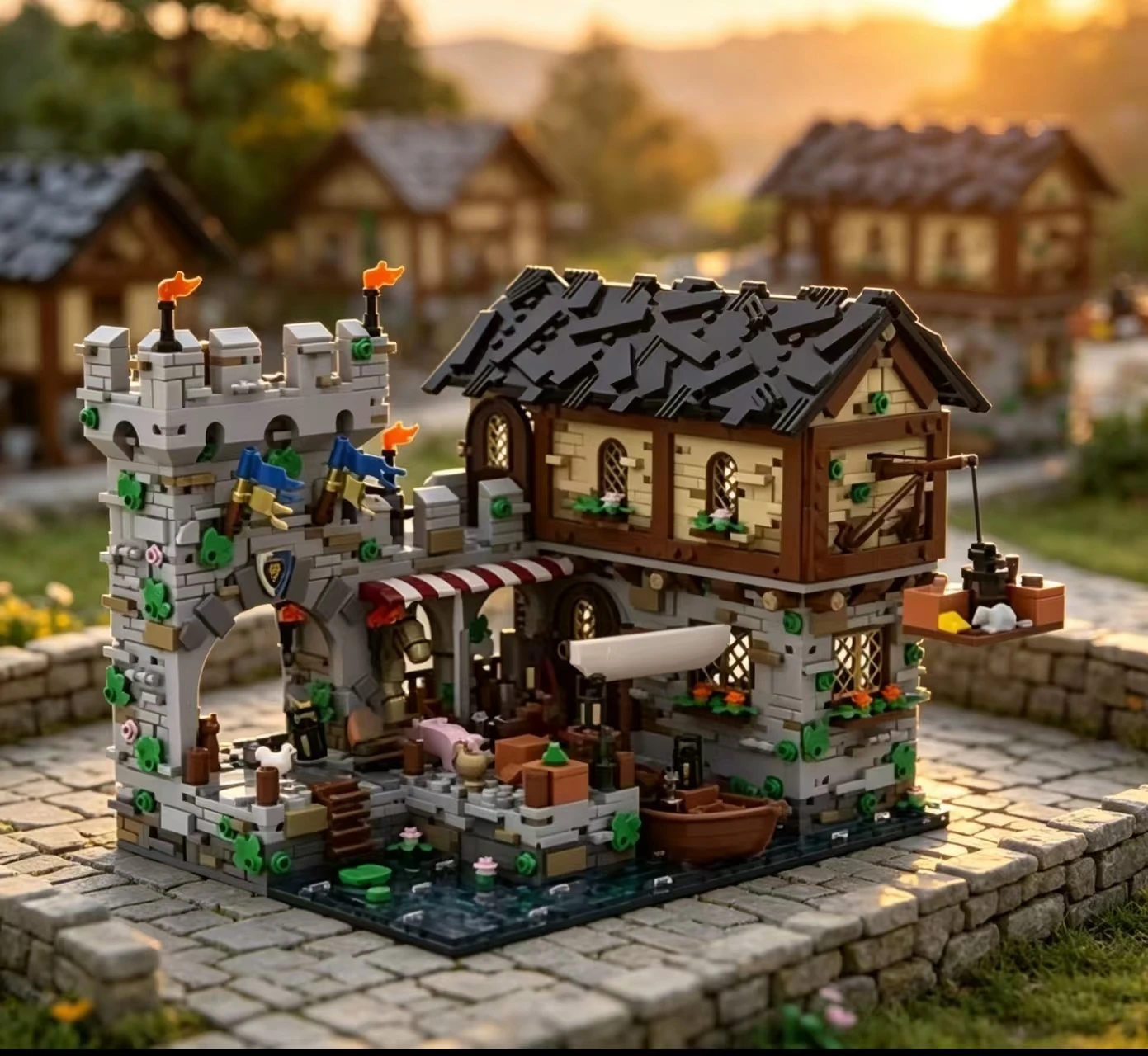 Image of MOC-124794 Mittelalterliches Fischerdorf Schloss Bausteine Straßenansicht Montagemodell Festtagsgeschenk 2053 Teile