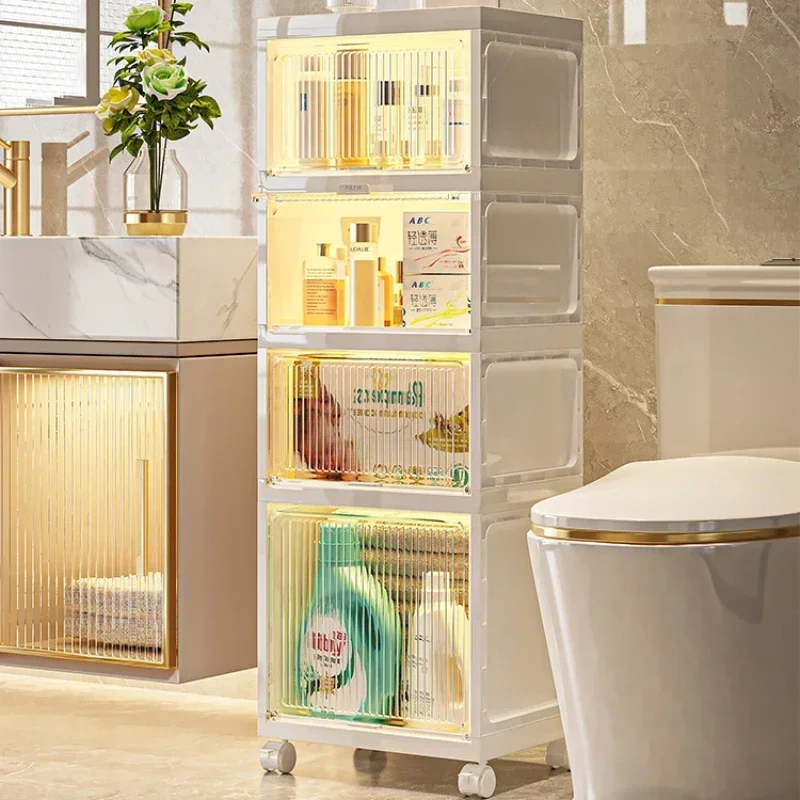 

Movable Bathroom Storage Shelves, Floor-to-Ceiling Transparent Toilet Organizer, Waterproof Sideboard Cabinet, Space-Saving